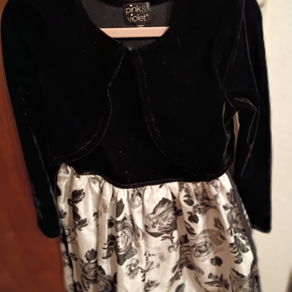 Girls Black Velvet Top with Black & White Floral Skirt Dress